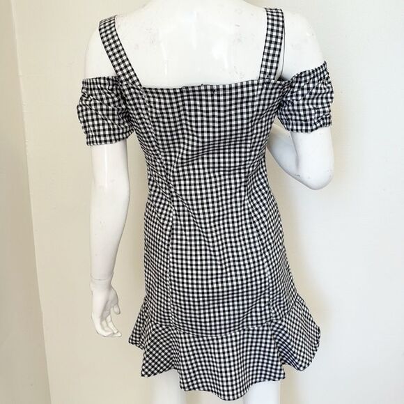 New Look Black White Checkered Off Shoulder Mini Dress Ruffled Hem Skull Detail - Picture 4 of 6